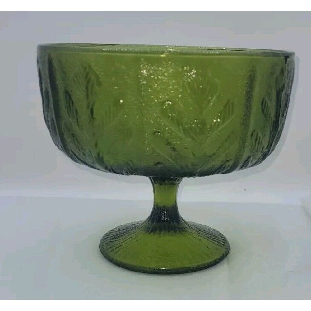 Vintage FTD Avacado Green Glass Footed Dish Oak Leaf Pattern